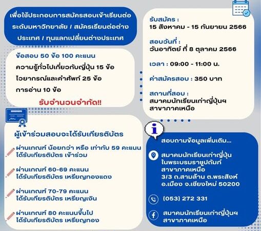 เปิดรับสมัครการทดสอบความรู้เกี่ยวกับญี่ปุ่นระดับมัธยมศึกษา (JAPANESE SCHOOL LEVEL TEST : JSLT) ประจำปี 2566